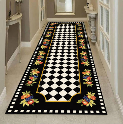 Checkerboard Runner Rug, Black White Floral Border Kitchen Carpet, Washable Non Slip Hallway Runner