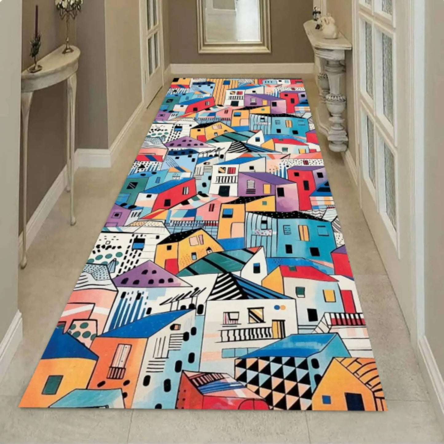 Colorful Abstract Houses Runner Rug, Modern Urban Art Carpet, Washable Non Slip Home Decor