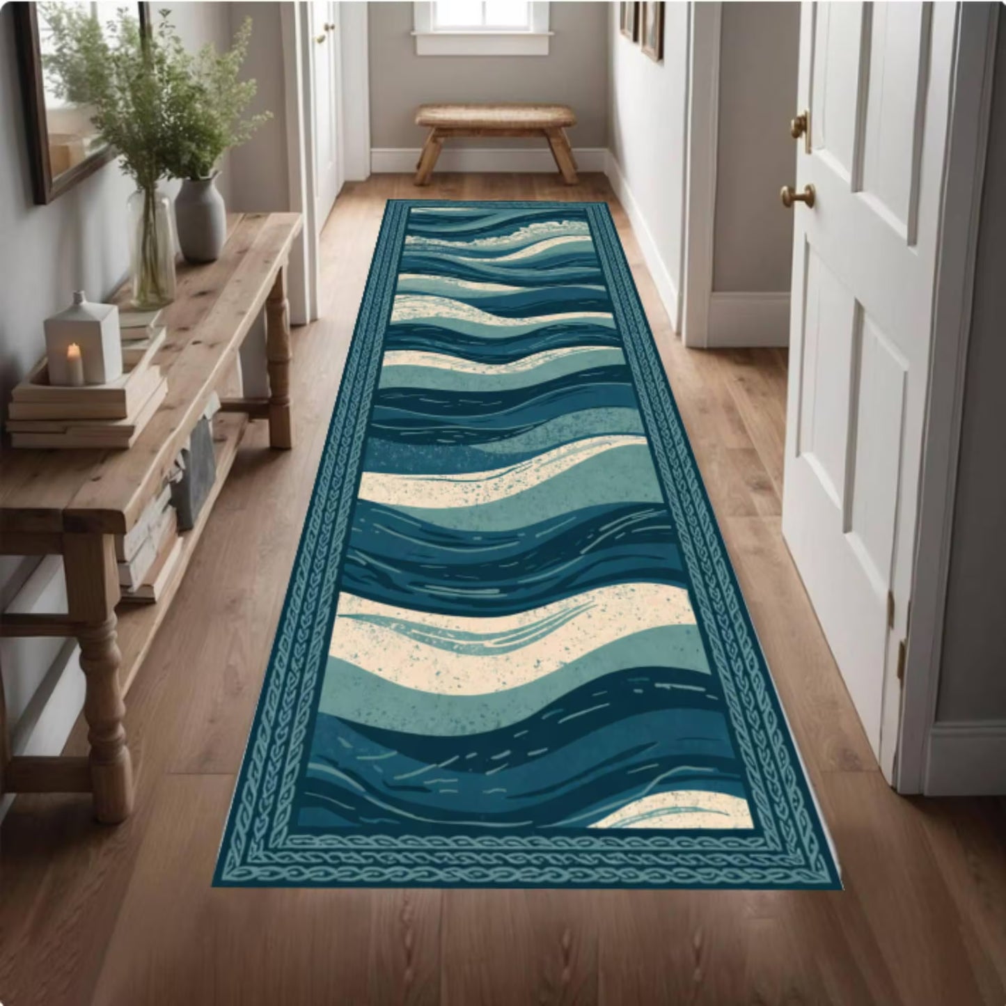 Ocean Waves Runner Rug, Coastal Hallway Carpet, Washable Non Slip Floor Mat