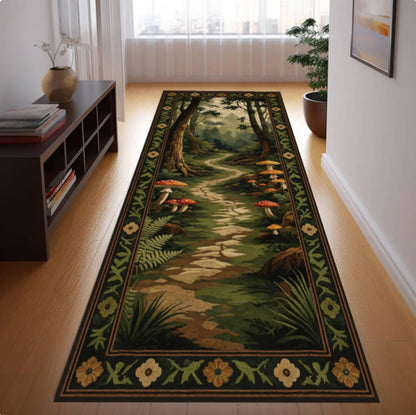 Mushroom Forest Path Rug, Whimsical Cottagecore Decor, Soft Washable Non Slip Runner