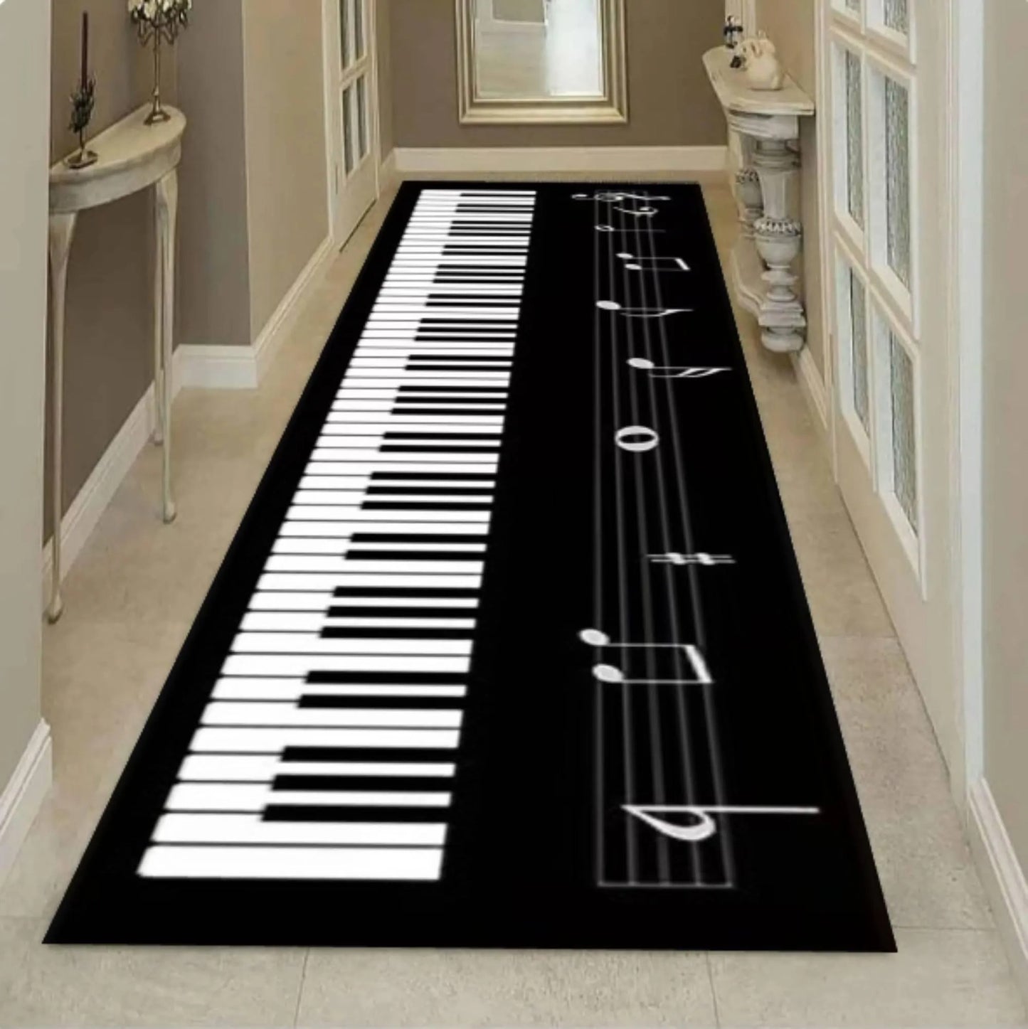 Piano Keyboard Runner Rug, Music Lover Hallway Carpet, Black White Keys Washable Non Slip
