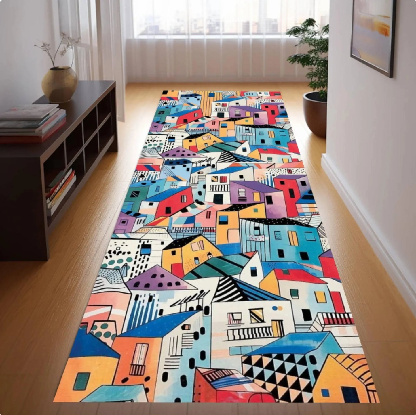 Colorful Abstract Houses Runner Rug, Modern Urban Art Carpet, Washable Non Slip Home Decor