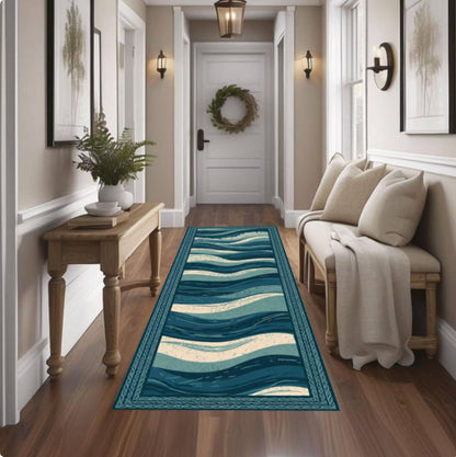Ocean Waves Runner Rug, Coastal Hallway Carpet, Washable Non Slip Floor Mat