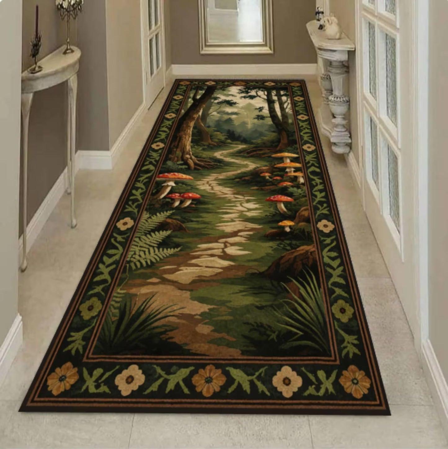 Mushroom Forest Path Rug, Whimsical Cottagecore Decor, Soft Washable Non Slip Runner