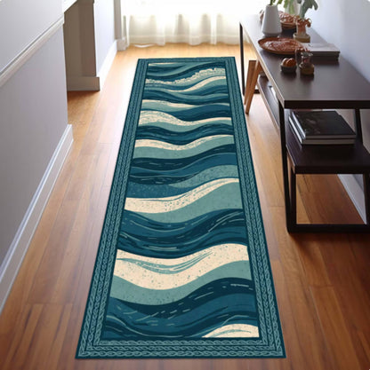 Ocean Waves Runner Rug, Coastal Hallway Carpet, Washable Non Slip Floor Mat