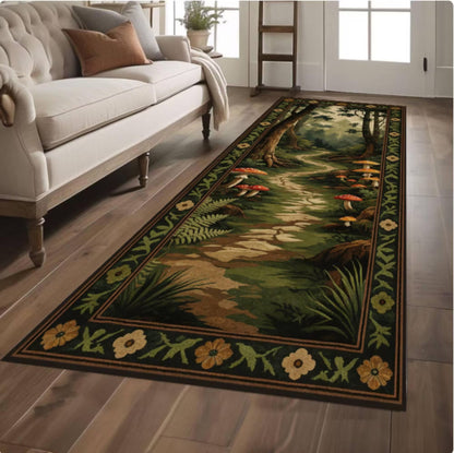 Mushroom Forest Path Rug, Whimsical Cottagecore Decor, Soft Washable Non Slip Runner