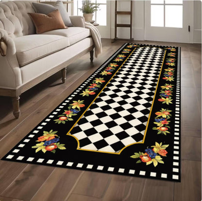 Checkerboard Runner Rug, Black White Floral Border Kitchen Carpet, Washable Non Slip Hallway Runner