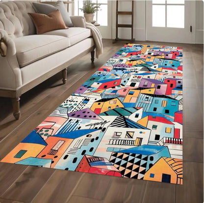 Colorful Abstract Houses Runner Rug, Modern Urban Art Carpet, Washable Non Slip Home Decor