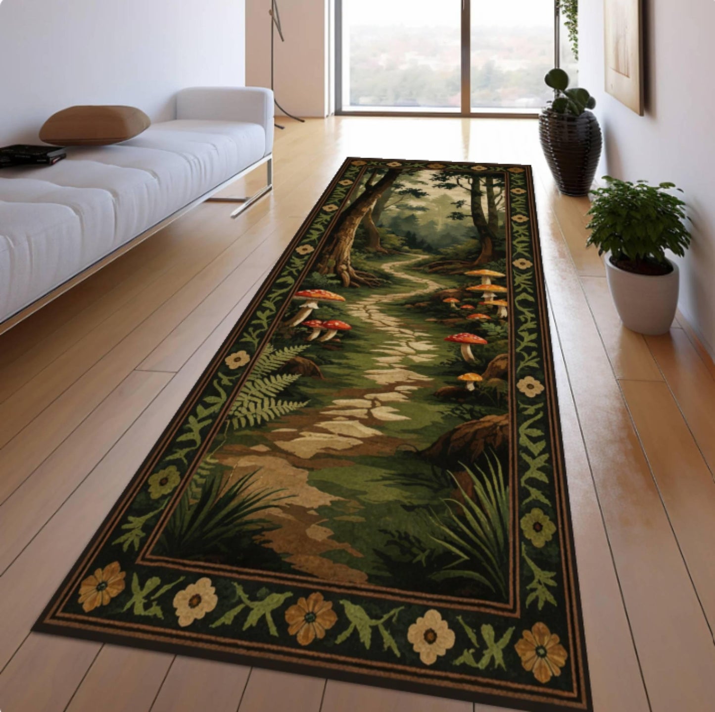 Mushroom Forest Path Rug, Whimsical Cottagecore Decor, Soft Washable Non Slip Runner