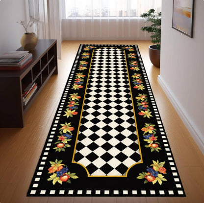 Checkerboard Runner Rug, Black White Floral Border Kitchen Carpet, Washable Non Slip Hallway Runner