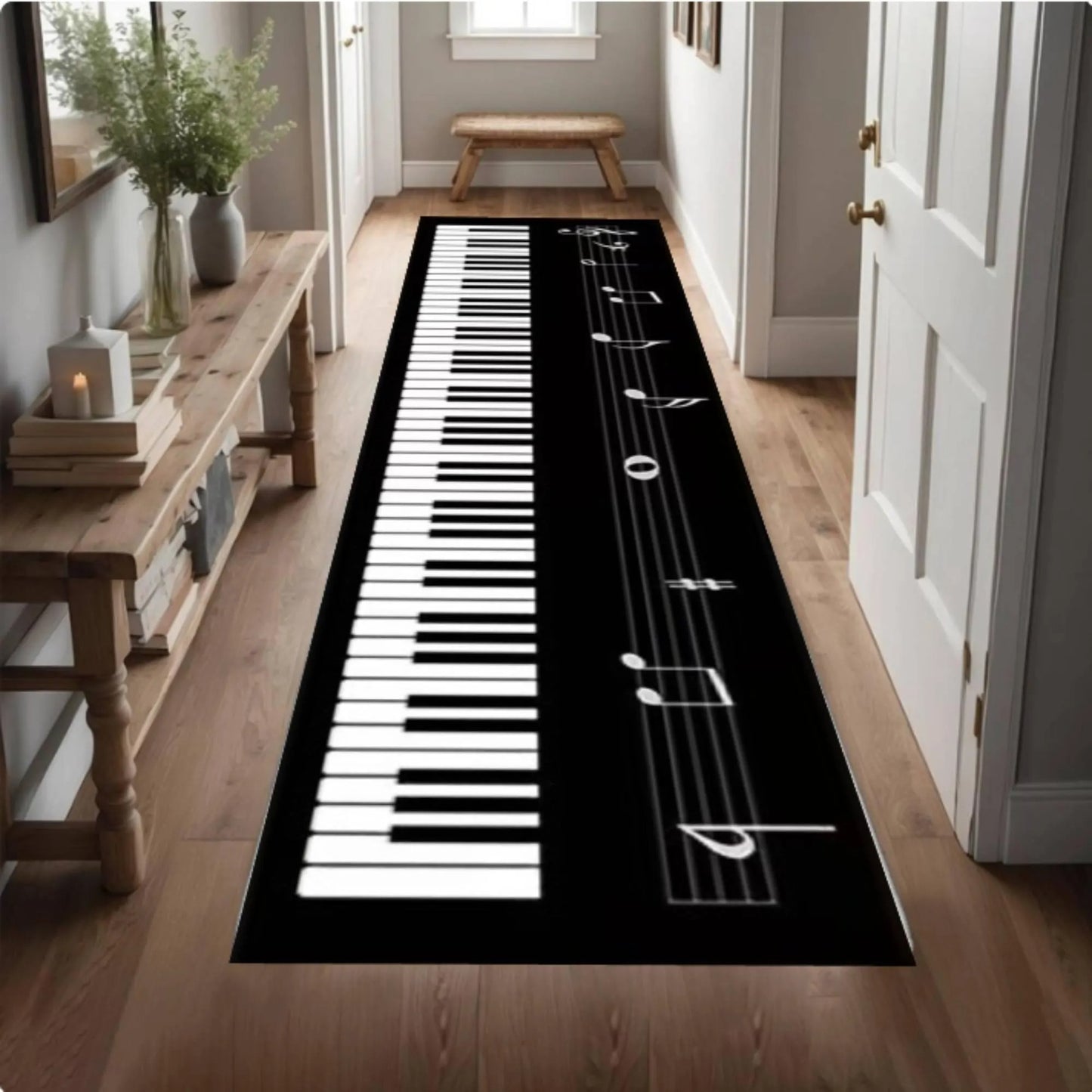 Piano Keyboard Runner Rug, Music Lover Hallway Carpet, Black White Keys Washable Non Slip