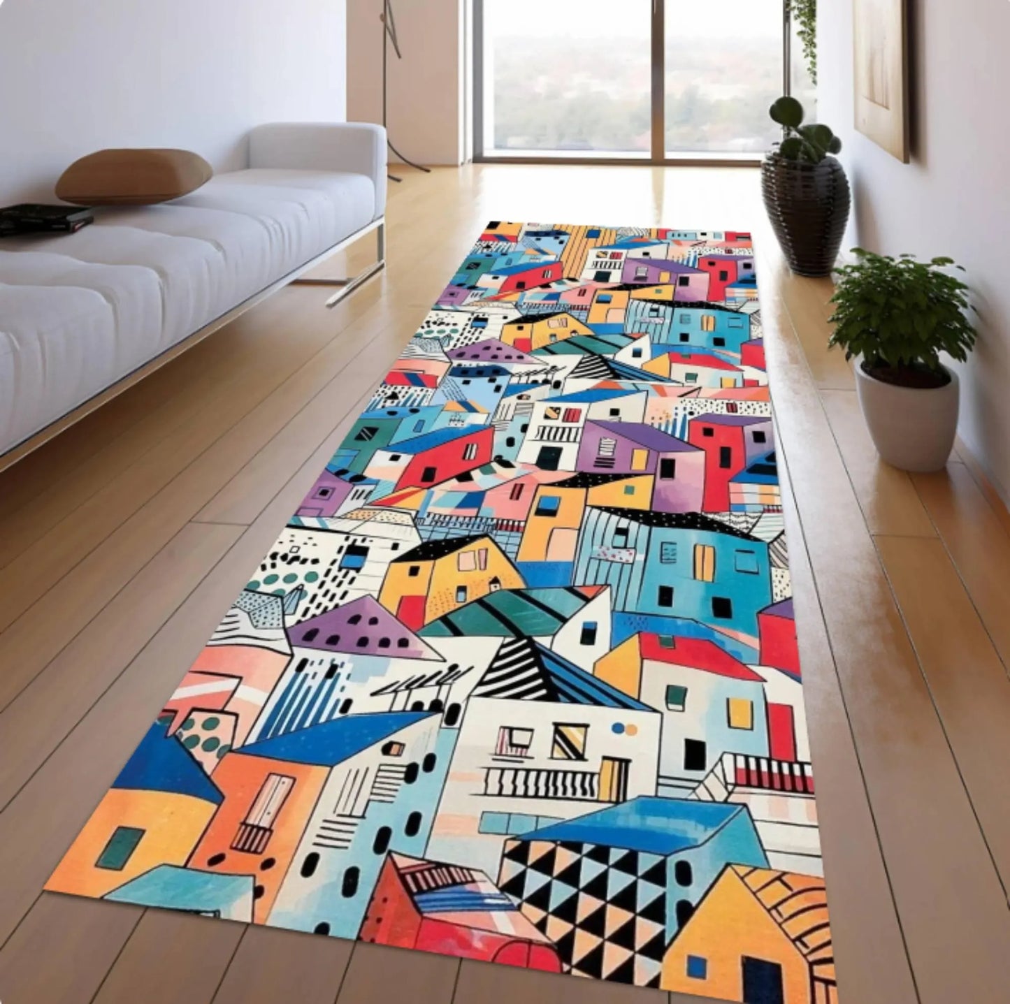 Colorful Abstract Houses Runner Rug, Modern Urban Art Carpet, Washable Non Slip Home Decor