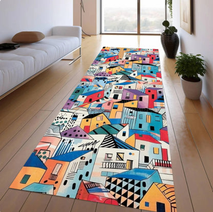 Colorful Abstract Houses Runner Rug, Modern Urban Art Carpet, Washable Non Slip Home Decor