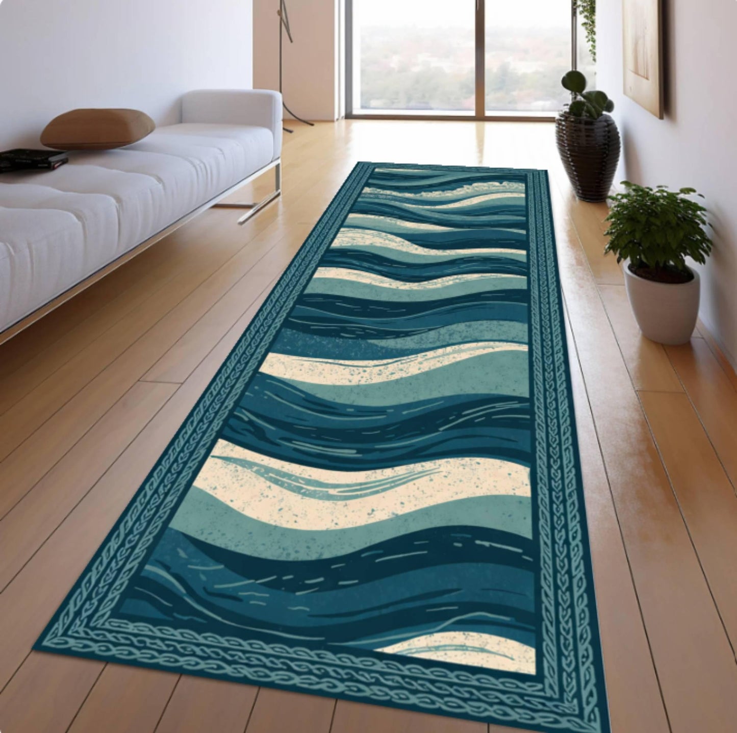 Ocean Waves Runner Rug, Coastal Hallway Carpet, Washable Non Slip Floor Mat