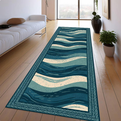 Ocean Waves Runner Rug, Coastal Hallway Carpet, Washable Non Slip Floor Mat