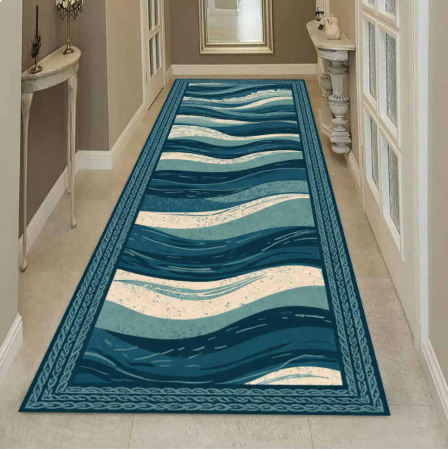 Ocean Waves Runner Rug, Coastal Hallway Carpet, Washable Non Slip Floor Mat