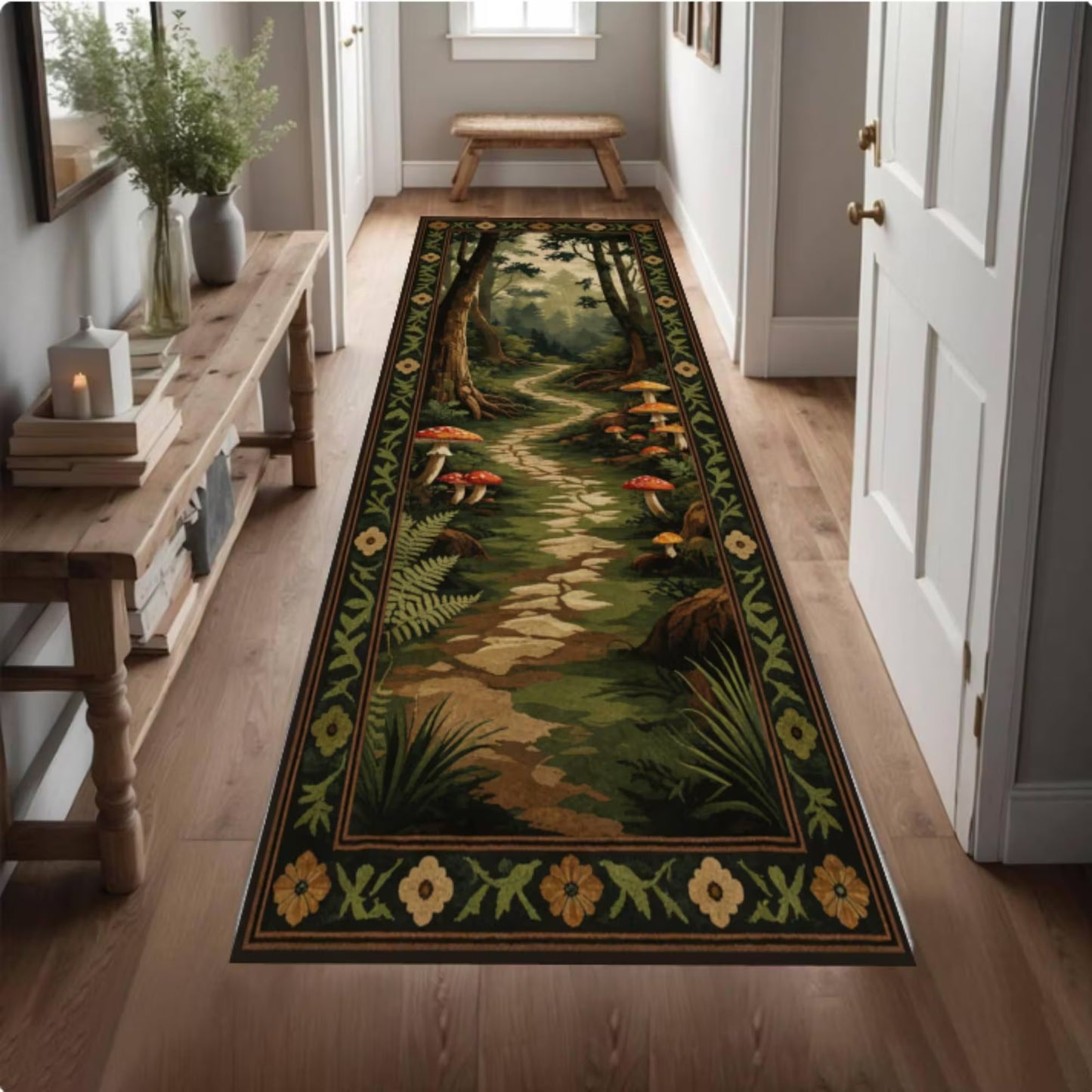 Mushroom Forest Path Rug, Whimsical Cottagecore Decor, Soft Washable Non Slip Runner