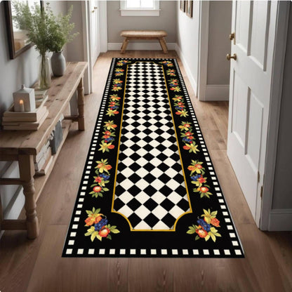 Checkerboard Runner Rug, Black White Floral Border Kitchen Carpet, Washable Non Slip Hallway Runner