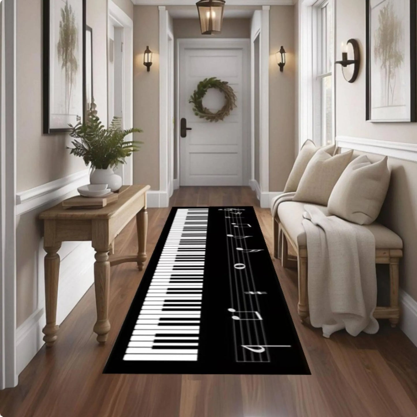 Piano Keyboard Runner Rug, Music Lover Hallway Carpet, Black White Keys Washable Non Slip