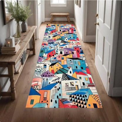 Colorful Abstract Houses Runner Rug, Modern Urban Art Carpet, Washable Non Slip Home Decor