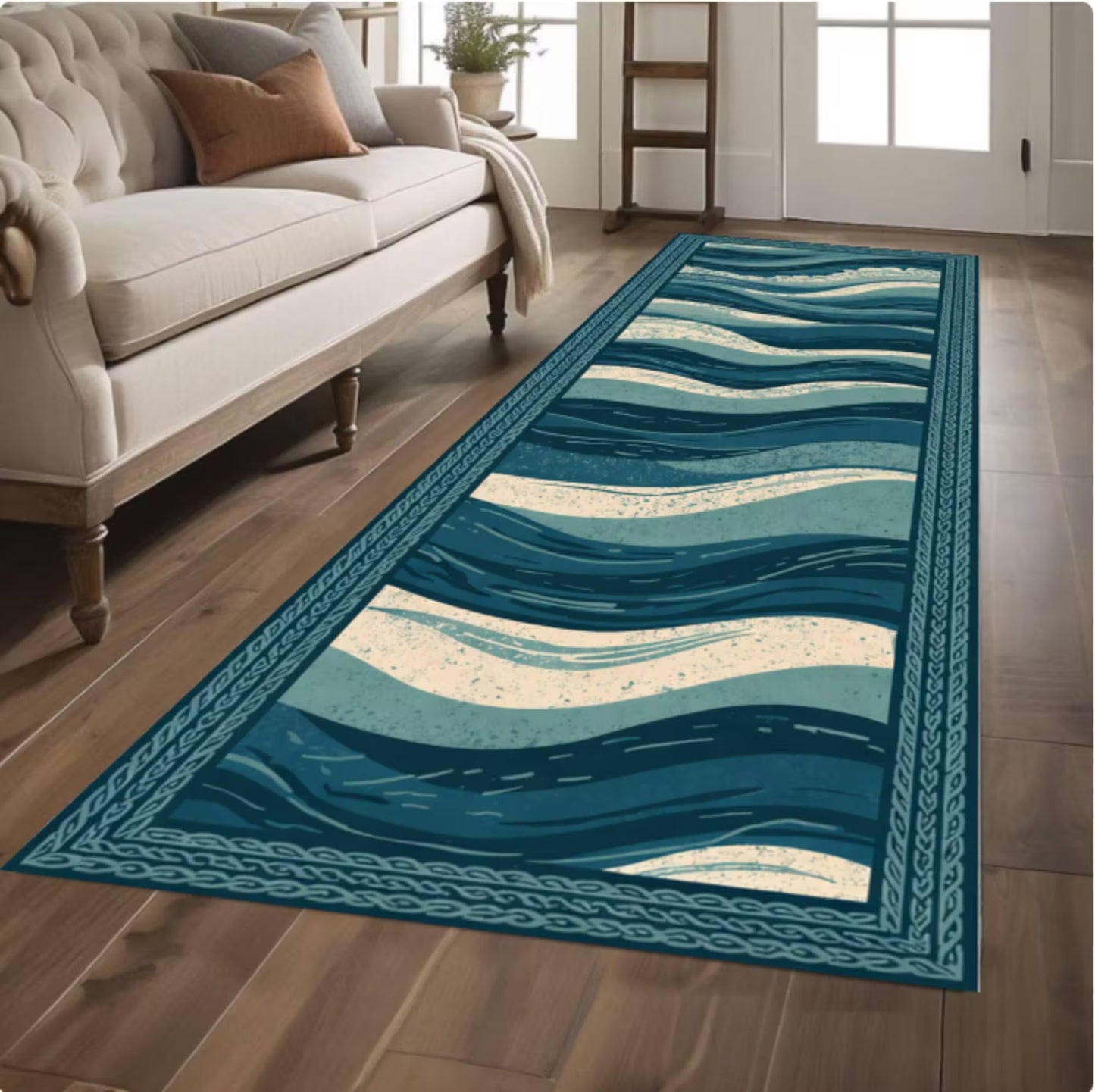 Ocean Waves Runner Rug, Coastal Hallway Carpet, Washable Non Slip Floor Mat