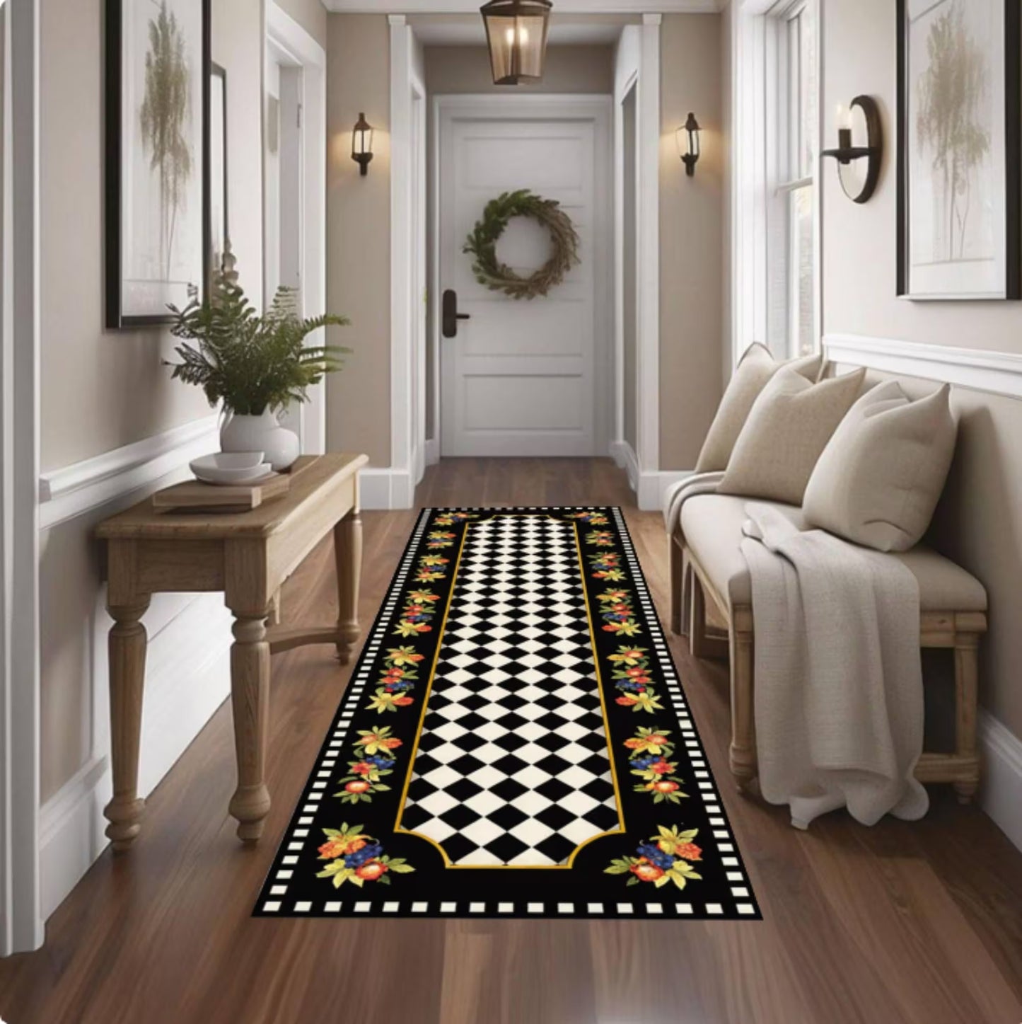 Checkerboard Runner Rug, Black White Floral Border Kitchen Carpet, Washable Non Slip Hallway Runner