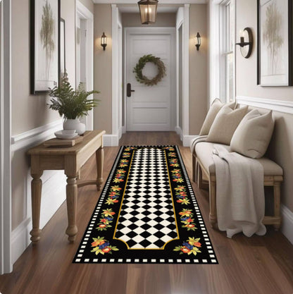 Checkerboard Runner Rug, Black White Floral Border Kitchen Carpet, Washable Non Slip Hallway Runner