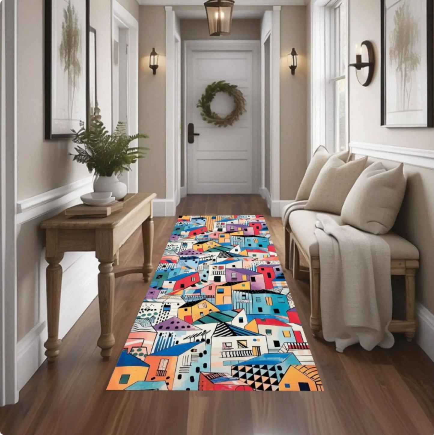 Colorful Abstract Houses Runner Rug, Modern Urban Art Carpet, Washable Non Slip Home Decor
