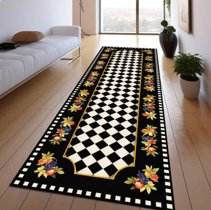 Checkerboard Runner Rug, Black White Floral Border Kitchen Carpet, Washable Non Slip Hallway Runner