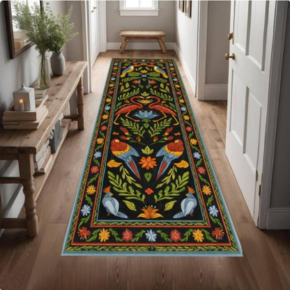 Boho Folk Art Runner Rug, Floral Bird Pattern Rug, Vintage Scandinavian Style Rug, Colorful Nature Hallway Rug, Washable Non Slip Runner Rug