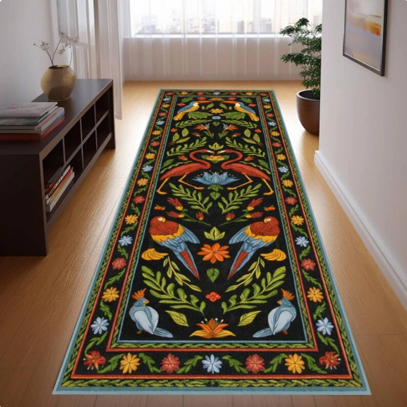 Boho Folk Art Runner Rug, Floral Bird Pattern Rug, Vintage Scandinavian Style Rug, Colorful Nature Hallway Rug, Washable Non Slip Runner Rug