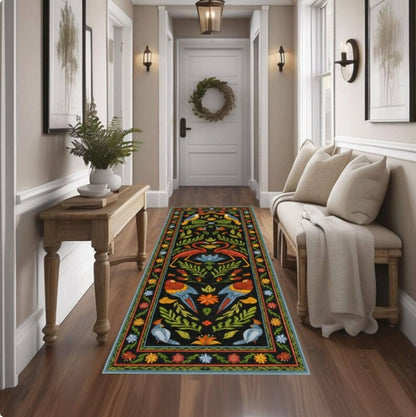 Boho Folk Art Runner Rug, Floral Bird Pattern Rug, Vintage Scandinavian Style Rug, Colorful Nature Hallway Rug, Washable Non Slip Runner Rug