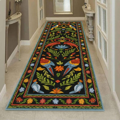 Boho Folk Art Runner Rug, Floral Bird Pattern Rug, Vintage Scandinavian Style Rug, Colorful Nature Hallway Rug, Washable Non Slip Runner Rug