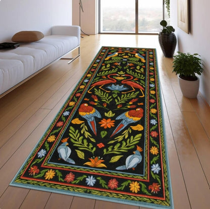 Boho Folk Art Runner Rug, Floral Bird Pattern Rug, Vintage Scandinavian Style Rug, Colorful Nature Hallway Rug, Washable Non Slip Runner Rug